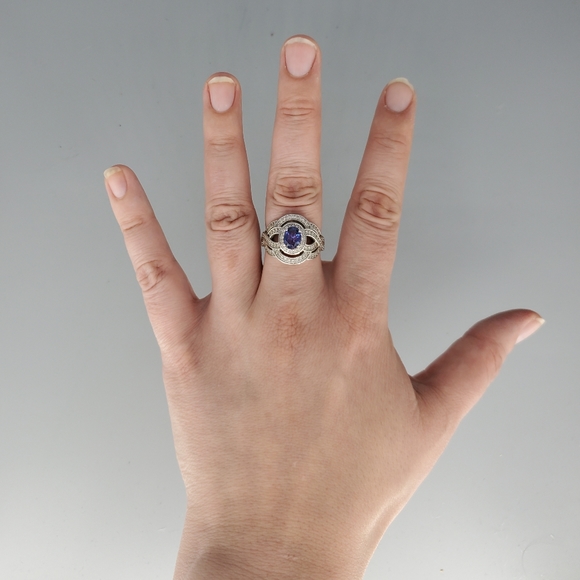 Blue and White CZ Sparkle Silvertone Ring - Picture 3 of 10